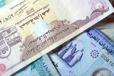 Dirhams para birimini, AED 'i, banknotları ve paraları kapatın, Birleşik Arap Emirlikleri