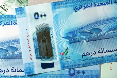 Dirhams para birimini, AED 'i, banknotları ve paraları kapatın, Birleşik Arap Emirlikleri