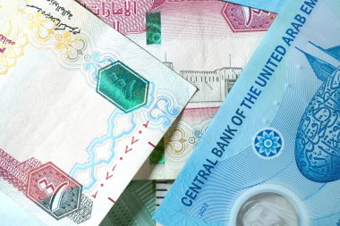 Dirhams para birimini, AED 'i, banknotları ve paraları kapatın, Birleşik Arap Emirlikleri