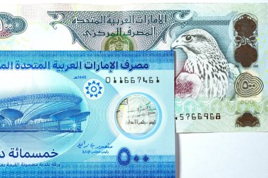 Dirhams para birimini, AED 'i, banknotları ve paraları kapatın, Birleşik Arap Emirlikleri