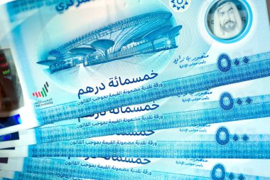 Dirhams para birimini, AED 'i, banknotları ve paraları kapatın, Birleşik Arap Emirlikleri