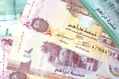 Dirhams para birimini, AED 'i, banknotları ve paraları kapatın, Birleşik Arap Emirlikleri