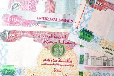 Dirhams para birimini, AED 'i, banknotları ve paraları kapatın, Birleşik Arap Emirlikleri