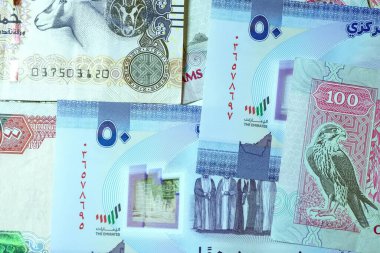 Dirhams para birimini, AED 'i, banknotları ve paraları kapatın, Birleşik Arap Emirlikleri