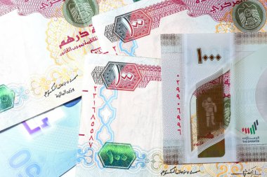Dirhams para birimini, AED 'i, banknotları ve paraları kapatın, Birleşik Arap Emirlikleri