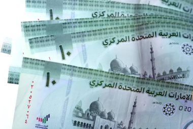 Dirhams para birimini, AED 'i, banknotları ve paraları kapatın, Birleşik Arap Emirlikleri