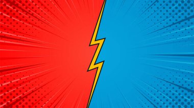 Kırmızı ve mavi kahramanlar çizgi film geçmişi. Yarım tonlu soyut pop sanat çizgi romanı etkisi. Küçük resimler, şablonlar, afişler, olaylar, reklamlar, web ve sayfalar için uygundur