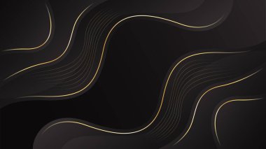 Altın çizgileri olan soyut siyah lüks arka plan. Zarif dalga modern duvar kağıdı. Satışlar, reklamlar, etkinlikler, ödüller, web, sayfalar ve diğerleri için şablon afişi