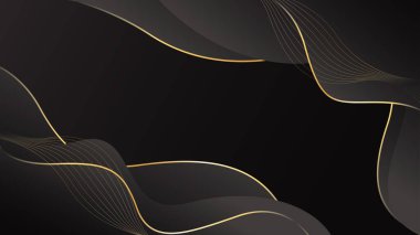 Altın çizgileri olan soyut siyah lüks arka plan. Zarif dalga modern duvar kağıdı. Satışlar, reklamlar, etkinlikler, ödüller, web, sayfalar ve diğerleri için şablon afişi