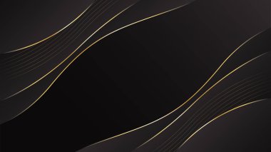 Altın çizgileri olan soyut siyah lüks arka plan. Zarif dalga modern duvar kağıdı. Satışlar, reklamlar, etkinlikler, ödüller, web, sayfalar ve diğerleri için şablon afişi