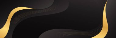 Zarif Siyah ve Altın Soyut Lüks Banner Arkaplan. Modern dalga tasarımı. Web pankartları, davetiyeler, ödüller, etkinlikler, şablonlar, kapaklar, sayfalar ve başlıklar için uygundur