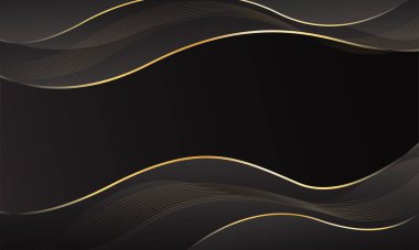 Altın çizgileri olan soyut siyah lüks arka plan. Zarif dalga modern duvar kağıdı. Satışlar, reklamlar, etkinlikler, ödüller, web, sayfalar ve diğerleri için şablon afişi