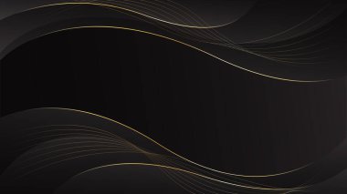 Altın çizgileri olan soyut siyah lüks arka plan. Zarif dalga modern duvar kağıdı. Satışlar, reklamlar, etkinlikler, ödüller, web, sayfalar ve diğerleri için şablon afişi