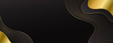 Zarif Siyah ve Altın Soyut Lüks Banner Arkaplan. Modern dalga tasarımı. Web pankartları, davetiyeler, ödüller, etkinlikler, şablonlar, kapaklar, sayfalar ve başlıklar için uygundur
