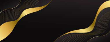 Zarif Siyah ve Altın Soyut Lüks Banner Arkaplan. Modern dalga tasarımı. Web pankartları, davetiyeler, ödüller, etkinlikler, şablonlar, kapaklar, sayfalar ve başlıklar için uygundur
