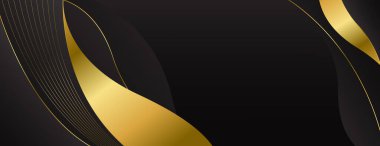Zarif Siyah ve Altın Soyut Lüks Banner Arkaplan. Modern dalga tasarımı. Web pankartları, davetiyeler, ödüller, etkinlikler, şablonlar, kapaklar, sayfalar ve başlıklar için uygundur