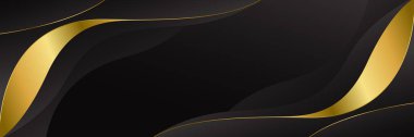 Zarif Siyah ve Altın Soyut Lüks Banner Arkaplan. Modern dalga tasarımı. Web pankartları, davetiyeler, ödüller, etkinlikler, şablonlar, kapaklar, sayfalar ve başlıklar için uygundur