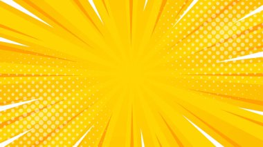Yarım tonlu parlak sarı bir çizgi roman efekti. Güneş ışınları soyut vektör arkaplanı. Şablonlar, pankartlar, etkinlikler, reklamlar, satışlar, web ve sayfalar için uygundur