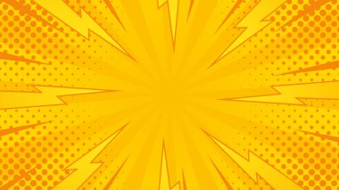 Yarım tonlu parlak sarı bir çizgi roman efekti. Güneş ışınları soyut vektör arkaplanı. Şablonlar, pankartlar, etkinlikler, reklamlar, satışlar, web ve sayfalar için uygundur
