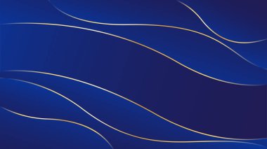 Altın çizgileri olan soyut mavi lüks arka plan. Zarif dalga modern duvar kağıdı. Satışlar, reklamlar, etkinlikler, ödüller, web, sayfalar ve diğerleri için şablon afişi