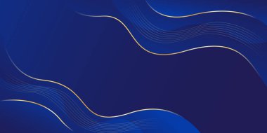 Altın çizgileri olan soyut mavi lüks arka plan. Zarif dalga modern duvar kağıdı. Satışlar, reklamlar, etkinlikler, ödüller, web, sayfalar ve diğerleri için şablon afişi