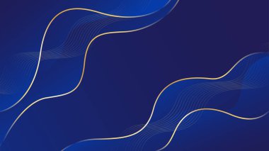 Altın çizgileri olan soyut mavi lüks arka plan. Zarif dalga modern duvar kağıdı. Satışlar, reklamlar, etkinlikler, ödüller, web, sayfalar ve diğerleri için şablon afişi