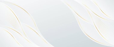 Altın çizgileri olan soyut beyaz-gri pankart. Zarif dalga modern duvar kağıdı. Şablonlar, afişler, satışlar, reklamlar, etkinlikler, ödüller, web sayfaları ve başlıklar için uygundur