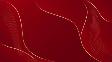 Altın çizgileri olan soyut kırmızı lüks arka plan. Zarif dalga modern duvar kağıdı. Satışlar, reklamlar, etkinlikler, ödüller, web, sayfalar ve diğerleri için şablon afişi