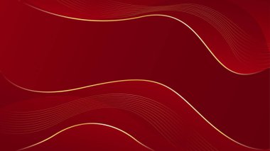 Altın çizgileri olan soyut kırmızı lüks arka plan. Zarif dalga modern duvar kağıdı. Satışlar, reklamlar, etkinlikler, ödüller, web, sayfalar ve diğerleri için şablon afişi