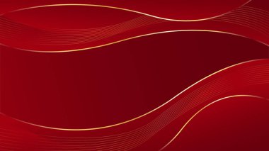 Altın çizgileri olan soyut kırmızı lüks arka plan. Zarif dalga modern duvar kağıdı. Satışlar, reklamlar, etkinlikler, ödüller, web, sayfalar ve diğerleri için şablon afişi