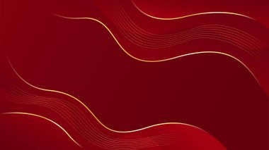 Altın çizgileri olan soyut kırmızı lüks arka plan. Zarif dalga modern duvar kağıdı. Satışlar, reklamlar, etkinlikler, ödüller, web, sayfalar ve diğerleri için şablon afişi