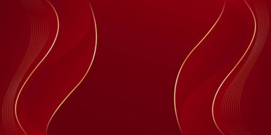 Altın çizgileri olan soyut kırmızı lüks arka plan. Zarif dalga modern duvar kağıdı. Satışlar, reklamlar, etkinlikler, ödüller, web, sayfalar ve diğerleri için şablon afişi