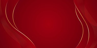Altın çizgileri olan soyut kırmızı lüks arka plan. Zarif dalga modern duvar kağıdı. Satışlar, reklamlar, etkinlikler, ödüller, web, sayfalar ve diğerleri için şablon afişi