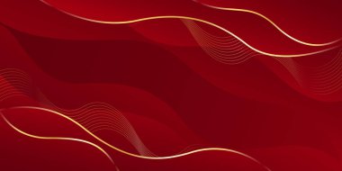 Altın çizgileri olan soyut kırmızı lüks arka plan. Zarif dalga modern duvar kağıdı. Satışlar, reklamlar, etkinlikler, ödüller, web, sayfalar ve diğerleri için şablon afişi