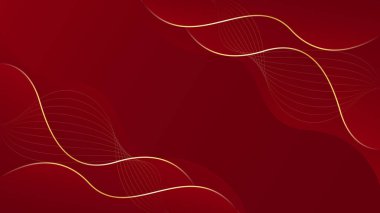 Altın çizgileri olan soyut kırmızı lüks arka plan. Zarif dalga modern duvar kağıdı. Satışlar, reklamlar, etkinlikler, ödüller, web, sayfalar ve diğerleri için şablon afişi