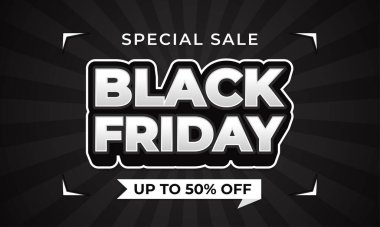 Kara Cuma satış afişi şablonu, kara güneş patlaması geçmişi,% 50 'ye varan indirimler, satış promosyonu, alışveriş, pazarlama reklamları, etkinlikler ve web siteleri için metin efekti tasarımı