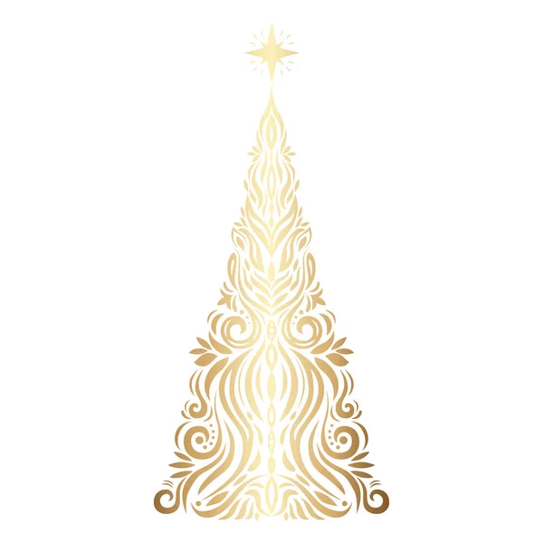 Met Hand Getekende Decoratieve Gouden Kerstboom Met Ster Gelukkig Nieuwjaar — Stockvector
