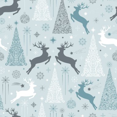 Dekoratif Noel ağaçlarının, ren geyiklerinin, kar tanelerinin, yıldızların el çizimi kusursuz deseni. Vektör çizim elemanları. Tebrik kartı, duvar kağıdı, ambalaj kağıdı, kumaş, ambalaj için Noel illüstrasyonu