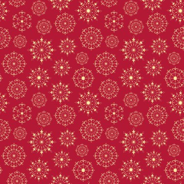 Altın dekoratif Noel kar tanelerinin kusursuz çizimi. Vektör çizim elemanları. Kutlama kartı, duvar kağıdı, ambalaj kağıdı, kumaş, ambalaj için Noel süslemesi