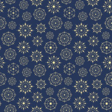 Altın dekoratif Noel kar tanelerinin kusursuz çizimi. Vektör çizim elemanları. Kutlama kartı, duvar kağıdı, ambalaj kağıdı, kumaş, ambalaj için Noel süslemesi