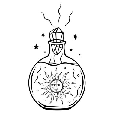 Güneş ve Ay yüzlü el yapımı mistik cam şişe, yıldız, elmas sanat eseri. Büyü koleksiyonu, sembol, tılsım, antika tarzı, boho. Beyaz arkaplanda izole edilmiş vektör çizimi