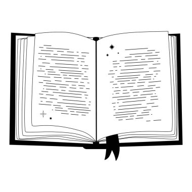 El çizimi mistik, açık bir kitap ve çizgi sanatı. Büyü koleksiyonu, sembol, tılsım, antika tarzı, boho. Beyaz arkaplanda izole edilmiş vektör çizimi