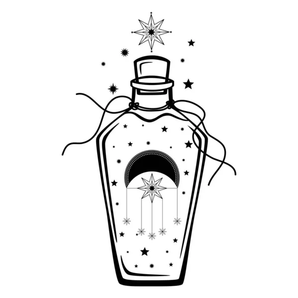 Hand Drawn Mystical Glass Bottle Star Moon Line Art Magic — Stock Vector