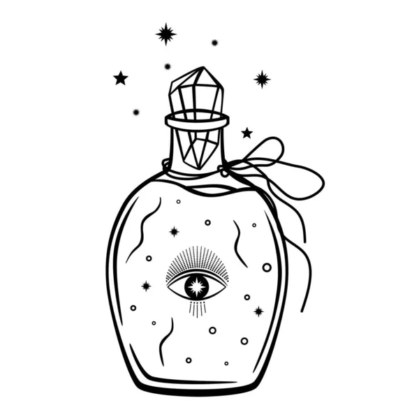 手绘神秘玻璃瓶与明星 眼睛和钻石线艺术 魔术收藏 护身符 古董风格 Boho 在白色背景上孤立的矢量涂鸦草图 — 图库矢量图片
