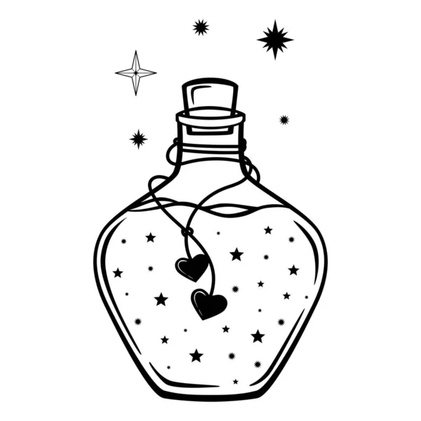 Hand Drawn Mystical Glass Bottle Star Heart Line Art Magic — Stock Vector