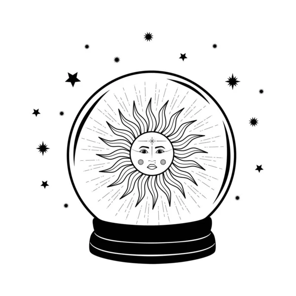 Boule Cristal Mystique Dessinée Main Avec Étoile Soleil Avec Visage — Image vectorielle