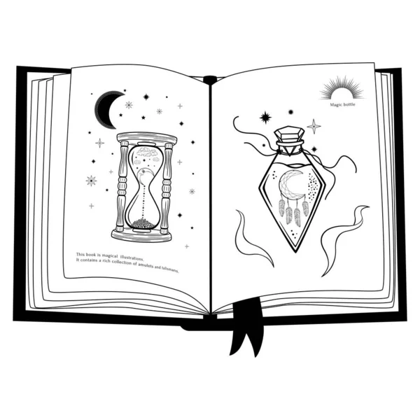 手はラインアートで砂時計 ガラス瓶 月や星と神秘的なオープンブックを描きました 魔法のコレクション シンボル お守り アンティークスタイル Boho 白を基調としたベクトルスケッチイラスト — ストックベクタ