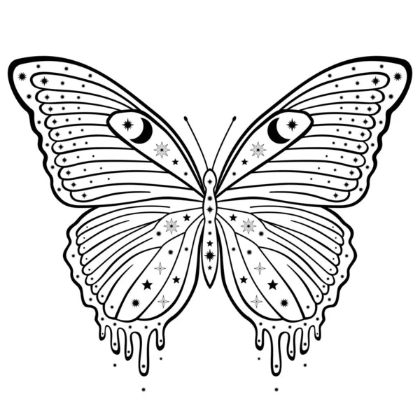 Papillon Volant Mystique Dessiné Main Avec Lune Étoile Dans Art — Image vectorielle