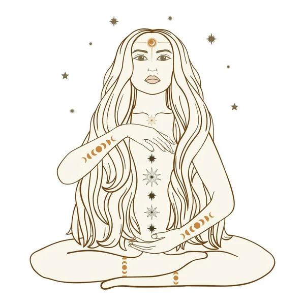Hand Drawn Mystical Woman Sun Moon Star Line Art Spiritual — Stock Vector