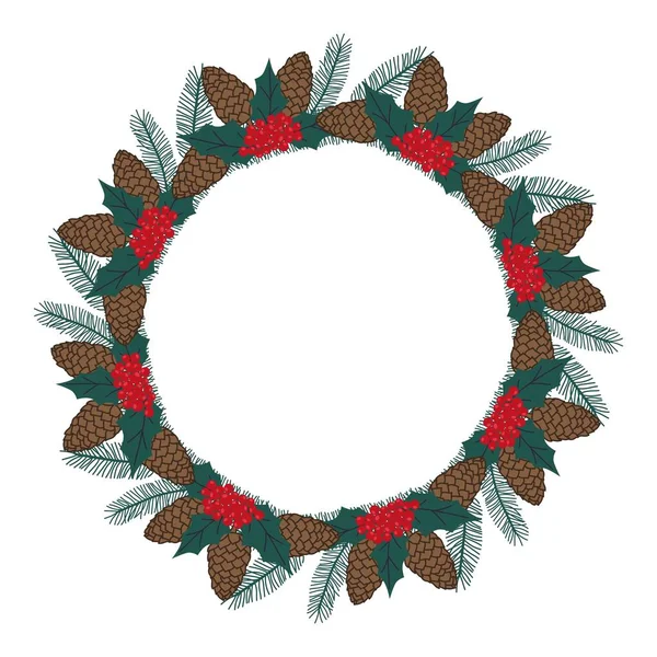 Handgezeichneter Weihnachtskranz Mit Blättern Beeren Tannenzweigen Stechpalme Tannenzapfen Winter Florale — Stockvektor